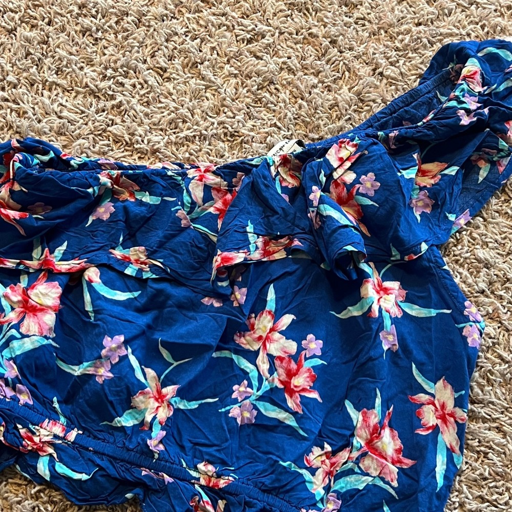 American Eagle Blue Floral One Shoulder Ruffle Crop Top Womens Small